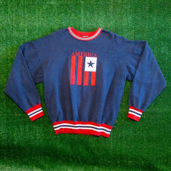 VINTAGE LEGENDS ATHLETIC MENS SWEATER AMERICA SPELL OUT RED WHITE BLUE FLAG SZ L - Picture 1 of 6